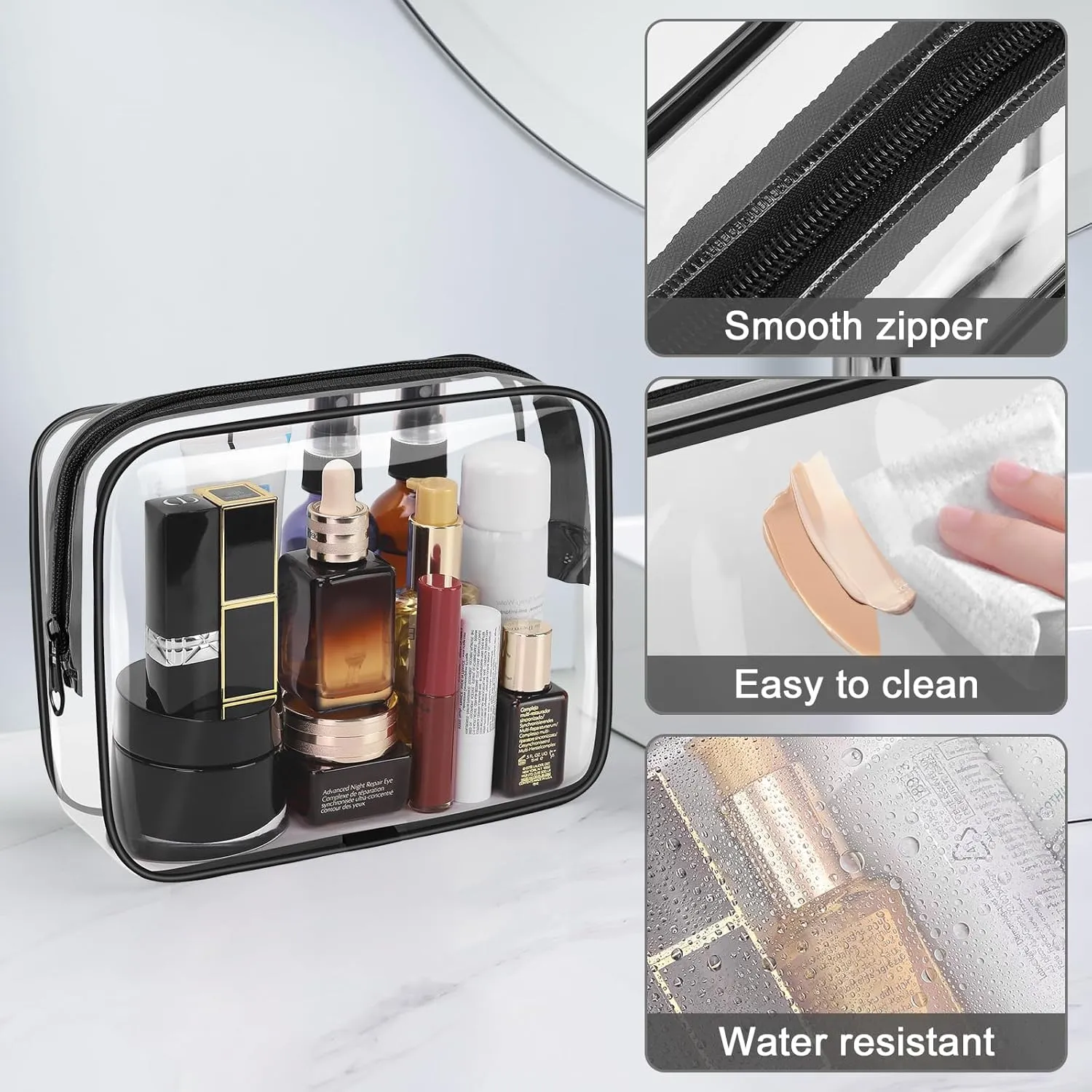 Wedama Clear Toiletry Bag, Cosmetic Bags 2 Pack with Zipper Carry on Airline Airport Travel Accessories, PVC Makeup Bags for Travel, Clear Bags for Women and Men-Black