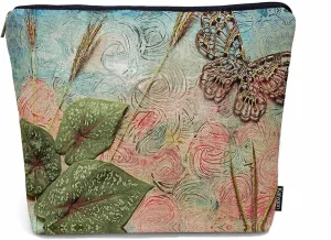 Women Cosmetic Bag Butterfly, Pond Green Leaves Floral Butterflies Cute Makeup Bag For Purse Cosmetic Travel Bag For Toiletries Makeup Storage Bag Flax Skincare Bag Make Up Pouch Bags