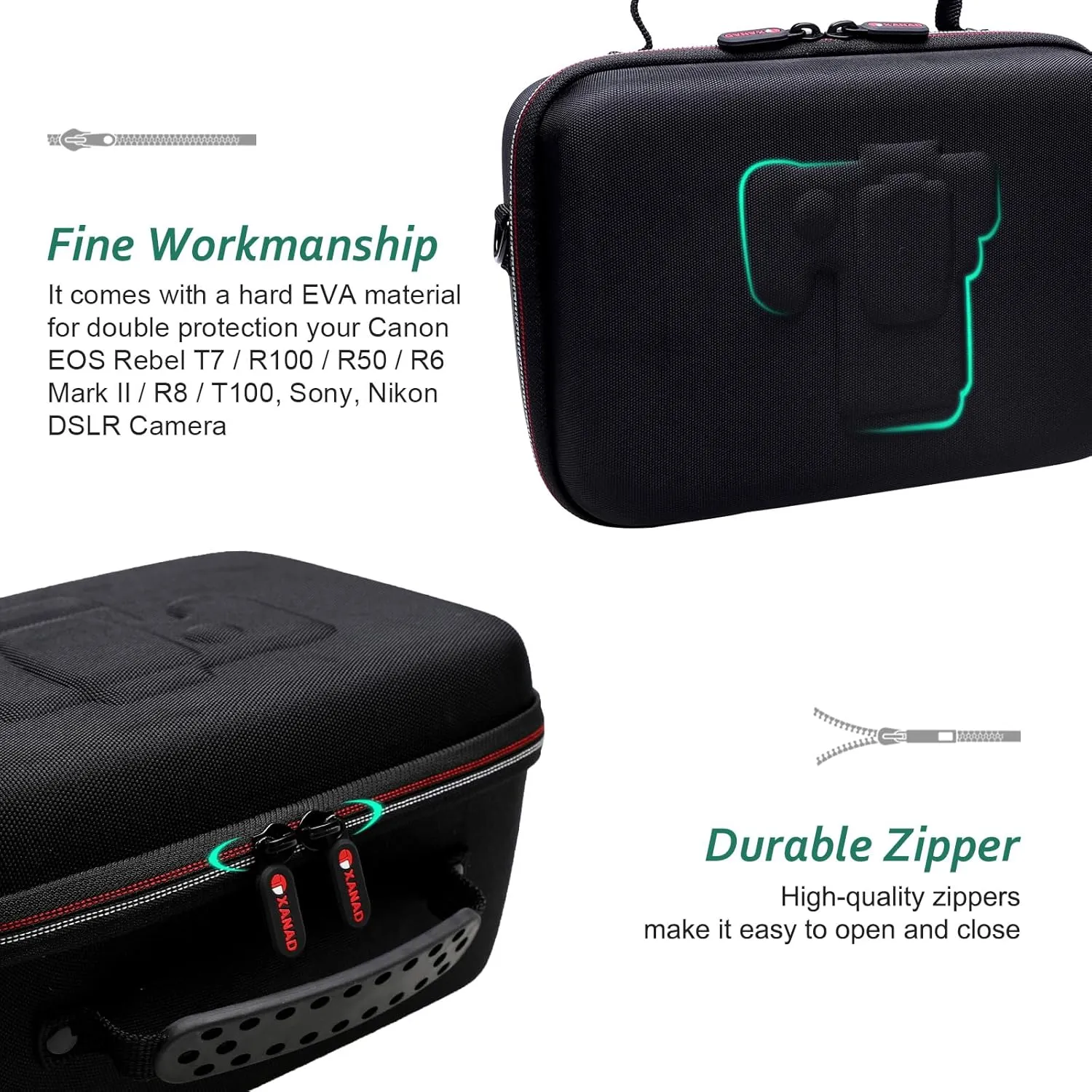 XANAD Camera Case Compatible with Canon EOS Rebel T7 / R100 / R50 / R6 Mark II / R8 / T100, Sony, Nikon DSLR Camera, Lens, Tripod, with 4 Pieces of Dividers and Shoulder StrapBlack