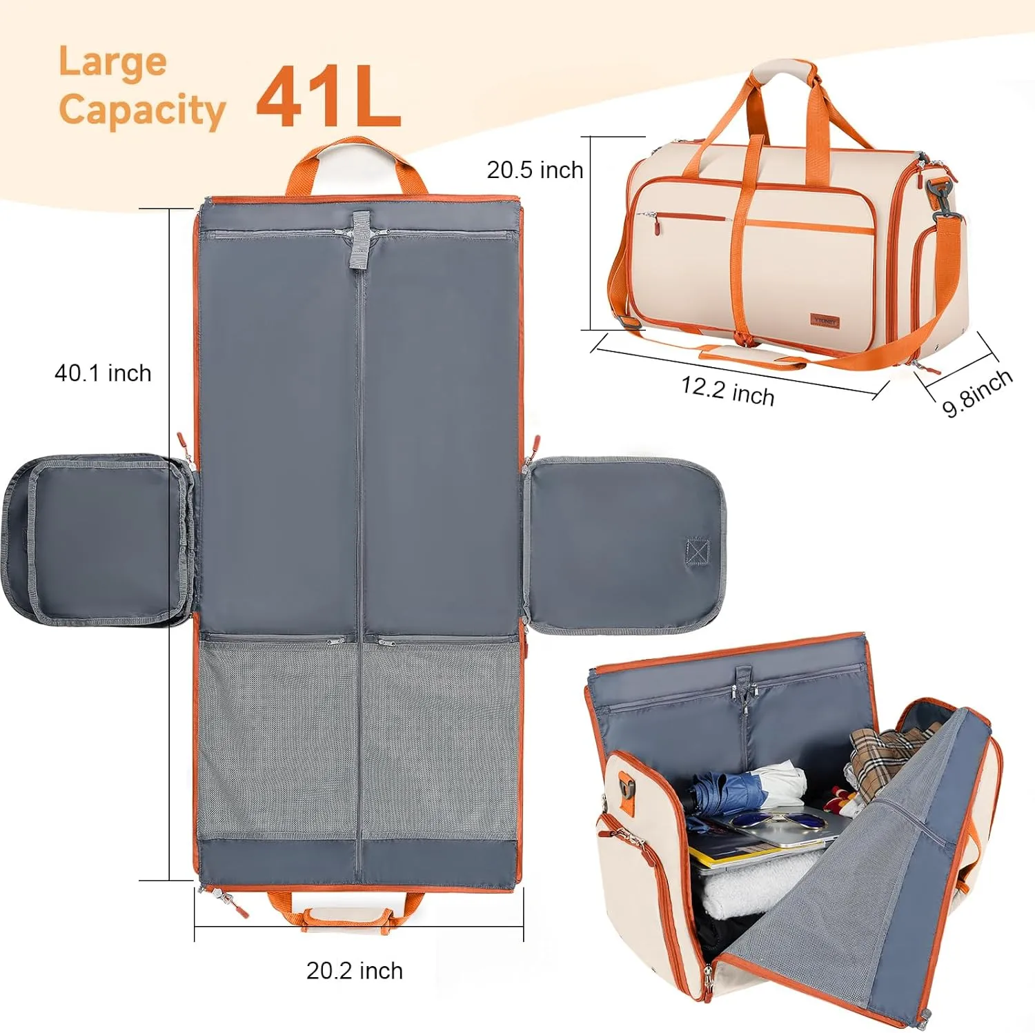 Ytonet Foldable Garment Bags for Travel, Convertible Garment Duffle Bag with Shoulder Strap, Water Resistant Garment Bag with Shoe Compartment, 2 in 1 Hanging Suitcase Suit Weekender Bags, Beige